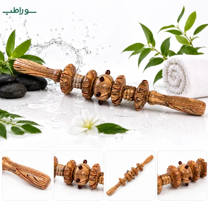 وردنه چوبی ماساژ آجدار ۵ غلطک چرخان