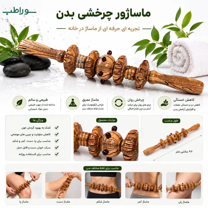 وردنه چوبی ماساژ آجدار ۵ غلطک چرخان