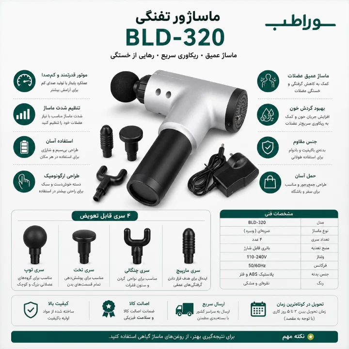 ماساژور تفنگی BLD-320 Fascial Gun | ماساژ گان حرفه‌ای ۶ سرعته