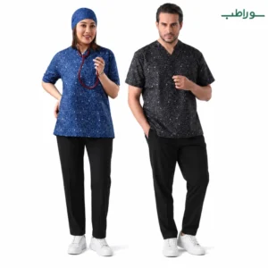 اسکراب پزشکی طرح دار آبی و مشکی | لباس کار کادر درمان