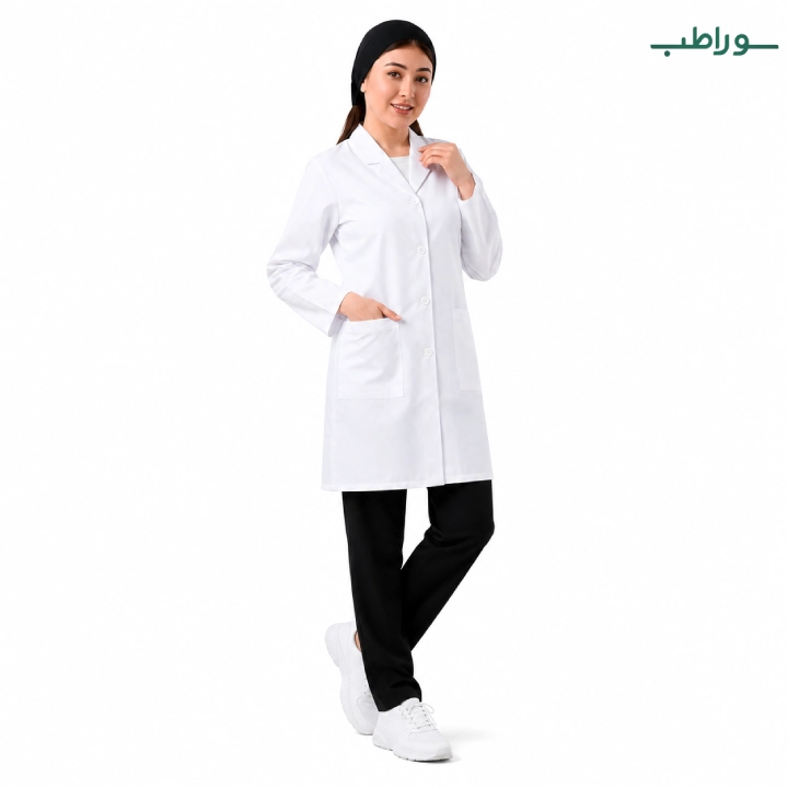 روپوش پزشکی زنانه سفید ترگال آستین بلند جیب دار