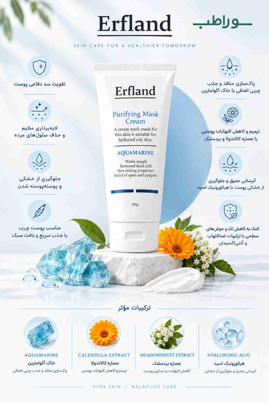 ماسک کرمی آکوامارین ارفلند _ آبرسانی و پاکسازی