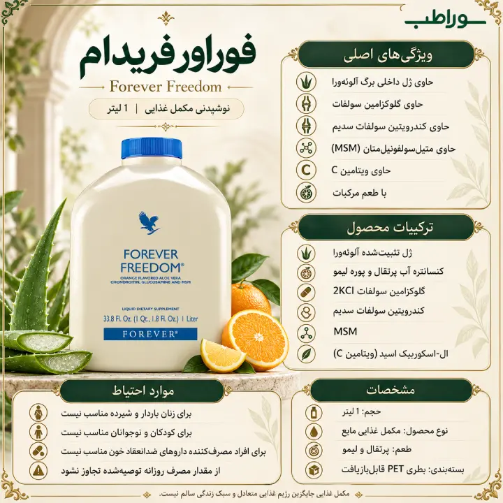 نوشیدنی فوراور فریدام (Forever Freedom) یک لیتری حاوی آلوئه‌ورا، گلوکزامین و کندرویتین
